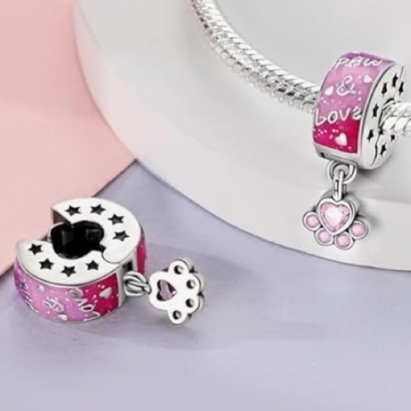 Sterling silver puppy Paw & Love Pink clip bumper style charm to fit pandoras - Picture 4 of 4